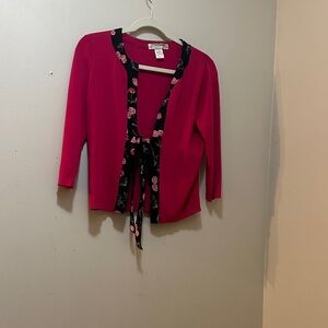 Pink Cardigan with Black Floral Trim